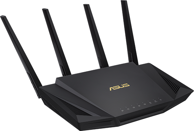 Fekete ASUS Wi-Fi router négy antennával, ferde nézet.