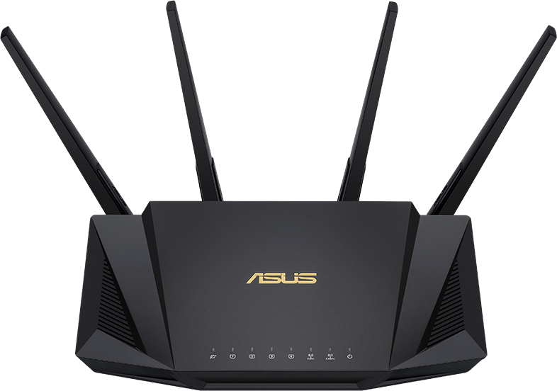 Fekete ASUS router négy antennával, fekete háttér előtt.