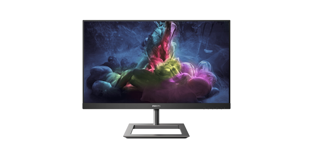 Ein schwarzer Philips-Monitor mit farbenfroher abstrakter Kunst, vor weißem Hintergrund.