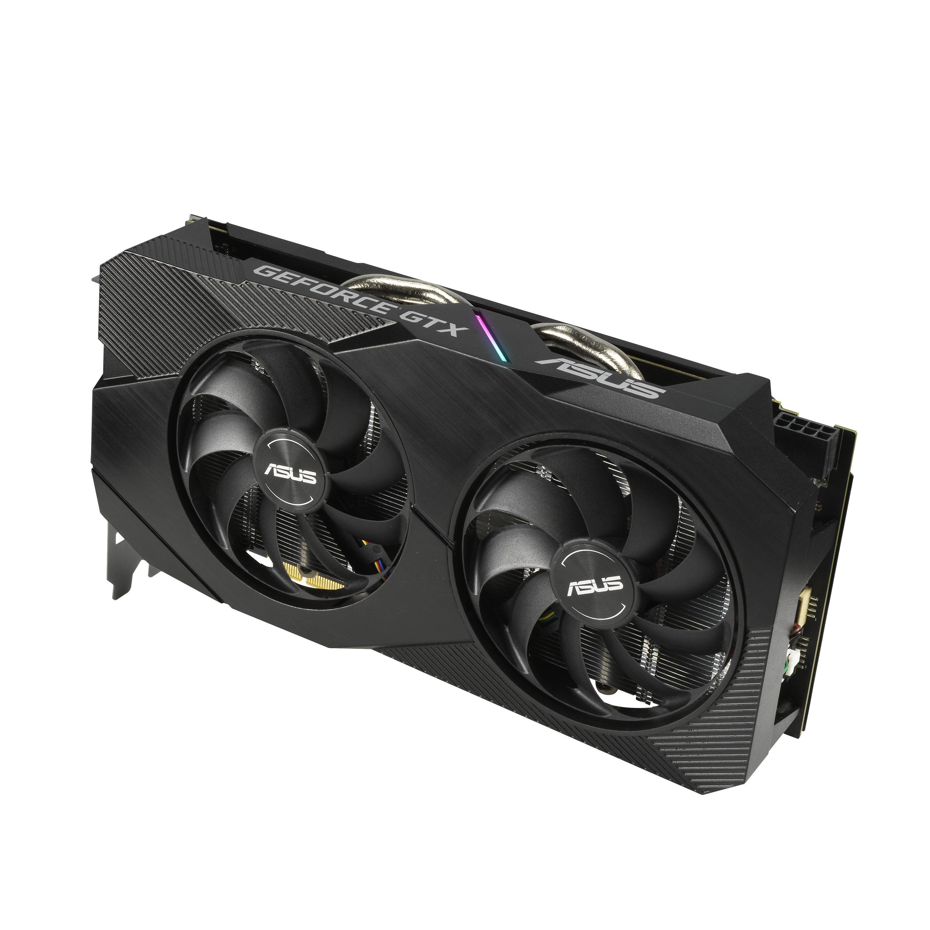 Eine schwarze Grafikkarte mit zwei Lüftern und dem ASUS-Logo.