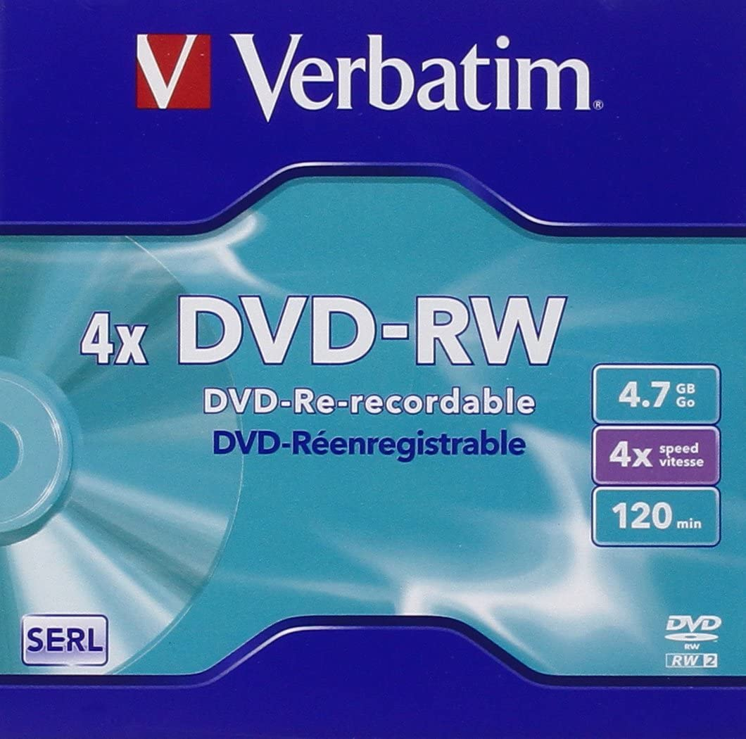 DVD-RW-Disc in einer blau-türkisfarbenen Verpackung mit Produktinformationen.