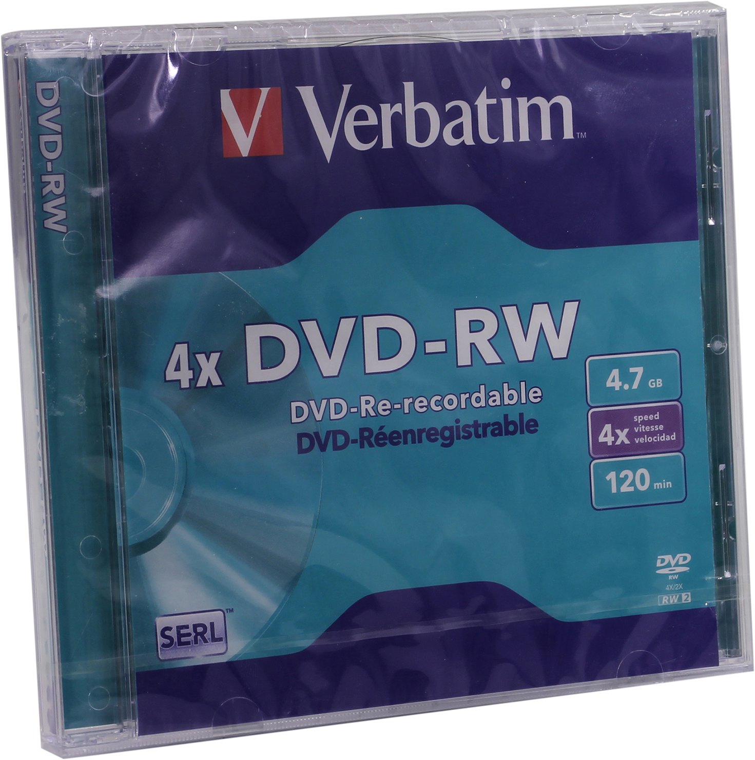 DVD-RW-Disc in einer transparenten Plastikhülle. Das Design ist türkis und blau.