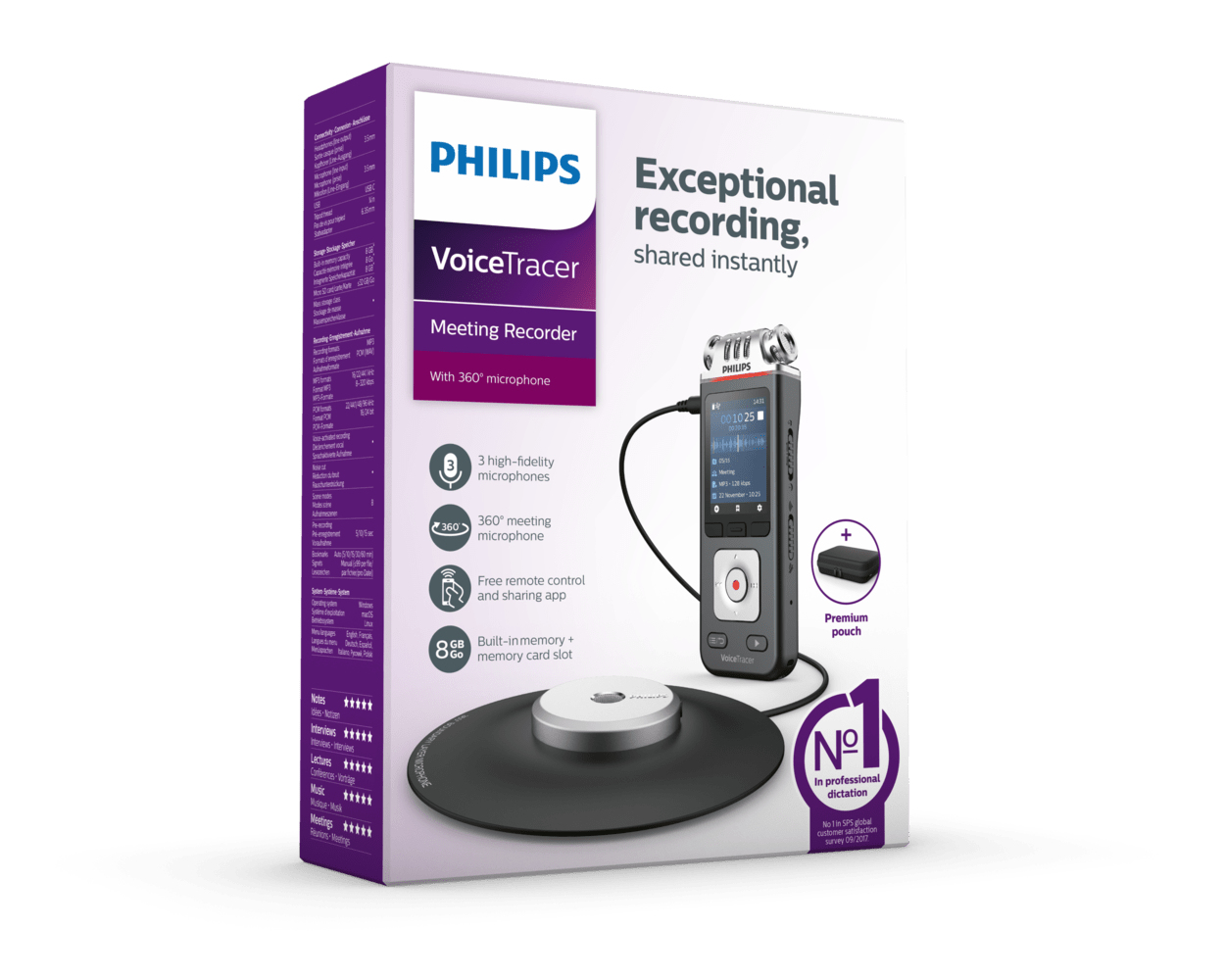 Ein Philips VoiceTracer Meeting Recorder mit 360°-Mikrofon und Premium-Beutel.