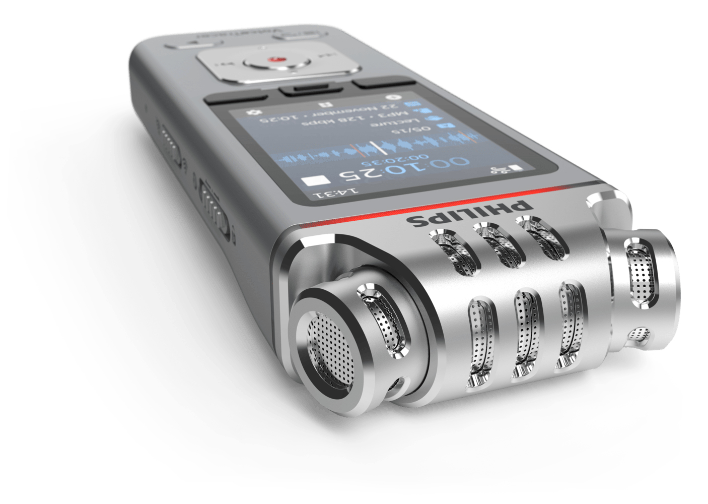 Ein silberner Philips VoiceTracer Rekorder, angewinkelt, zeigt das Mikrofon.