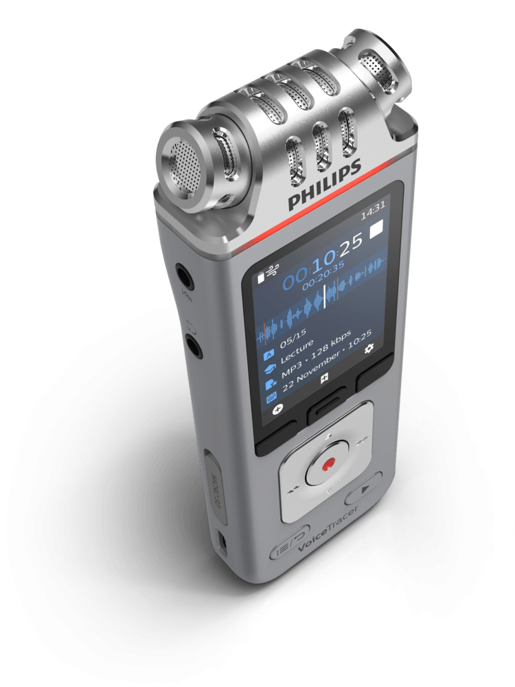 Ein graues und silbernes Philips VoiceTracer-Diktiergerät mit Bildschirm.