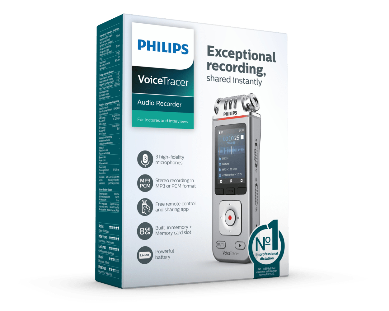 Philips VoiceTracer Audiorecorder in einer weißen Box mit Text und einem Mikrofonsymbol.