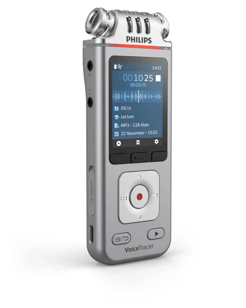 Silberner Philips VoiceTracer-Rekorder. Er hat einen Bildschirm, der die Zeit und eine Wellenform anzeigt. Verfügt über Tasten und einen Micro-SD-Steckplatz.