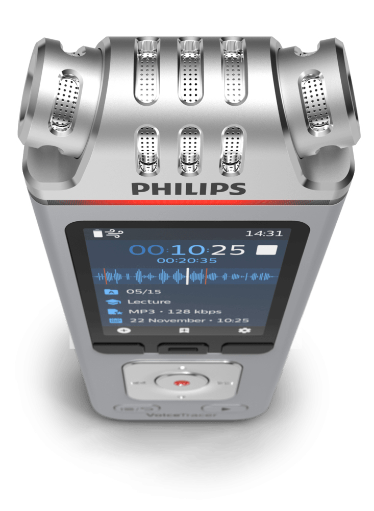 Silberner Philips VoiceTracer digitaler Sprachrekorder mit Bildschirm und Tasten.
