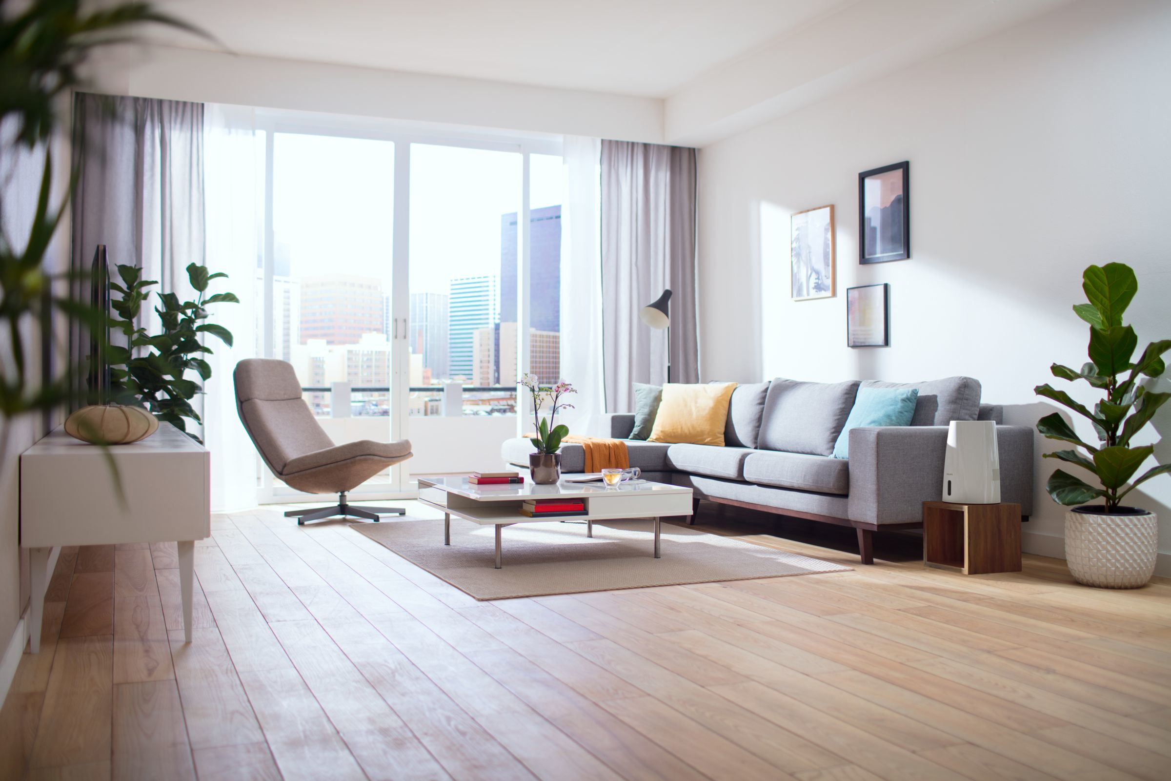 Modernes Wohnzimmer mit großem Fenster, Couch, Pflanzen und hellem Holzboden.