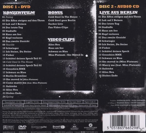 Rückseite einer DVD/CD-Box mit Tracklisten für Disc 1 (DVD) und Disc 2 (Audio CD).
