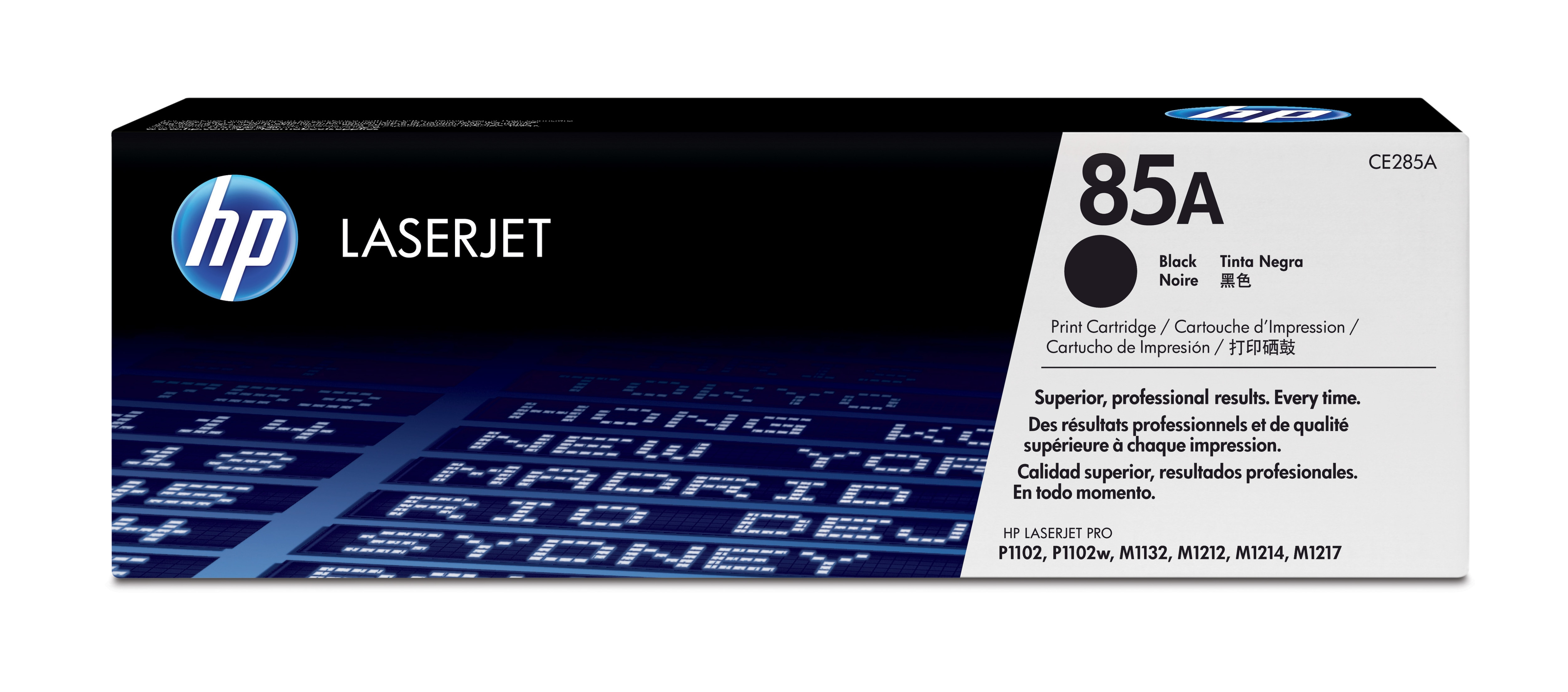 HP LaserJet 85A Schwarz-Tonerkartuschenbox, mit Produktinfo und Schwarz-Tintendetails auf der Vorderseite.