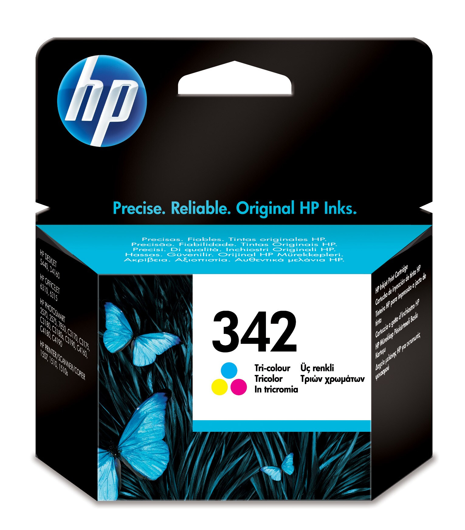 HP-Tintenpatronenverpackung mit Schmetterlingen auf der Vorderseite und Produktinfo.