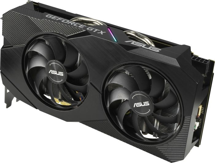 Schwarze Grafikkarte mit zwei Lüftern, ASUS-Logo und GeForce GTX-Text.