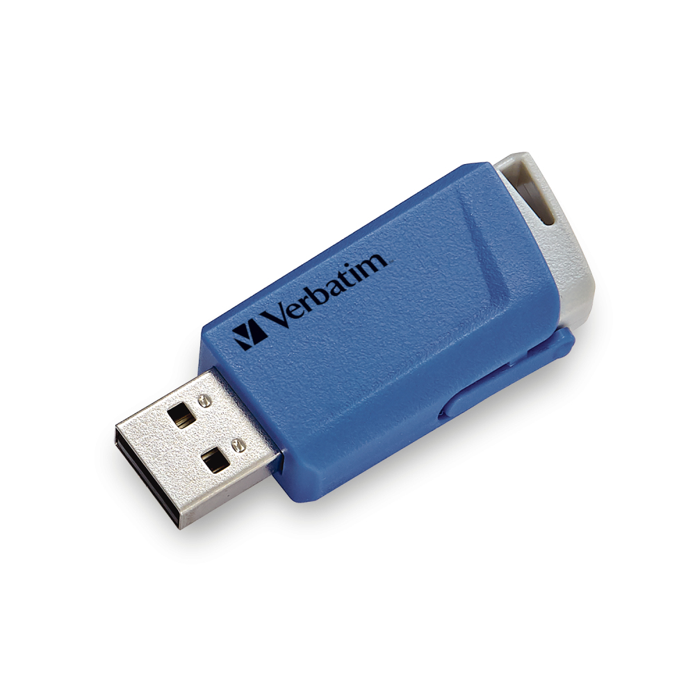 Ein blau-weißer Verbatim USB-Stick, isoliert auf weißem Hintergrund. Der USB-Stick ist sichtbar.