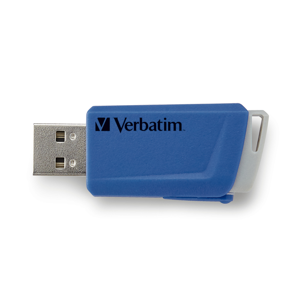 Blau-grauer Verbatim USB-Stick auf weißem Hintergrund.