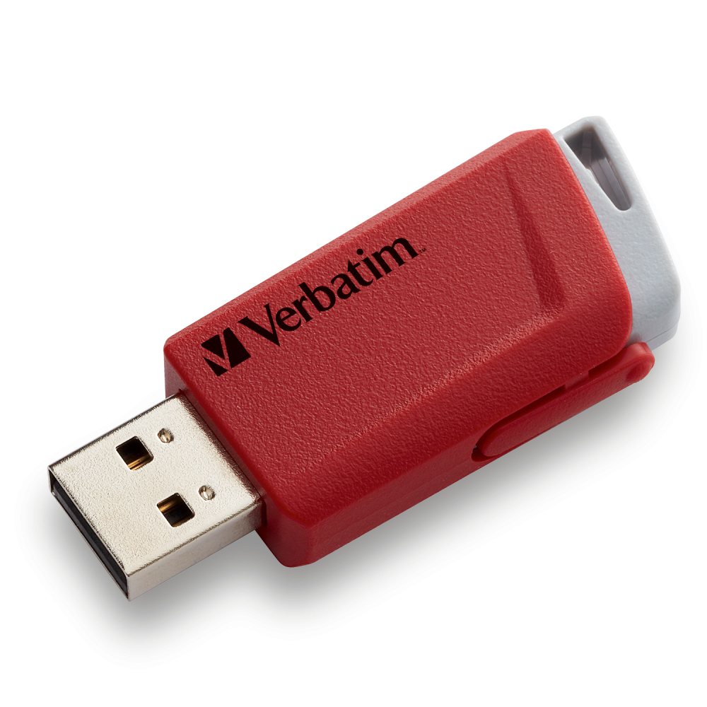 Roter Verbatim USB-Stick. Silberner Stecker. Weißer Hintergrund.