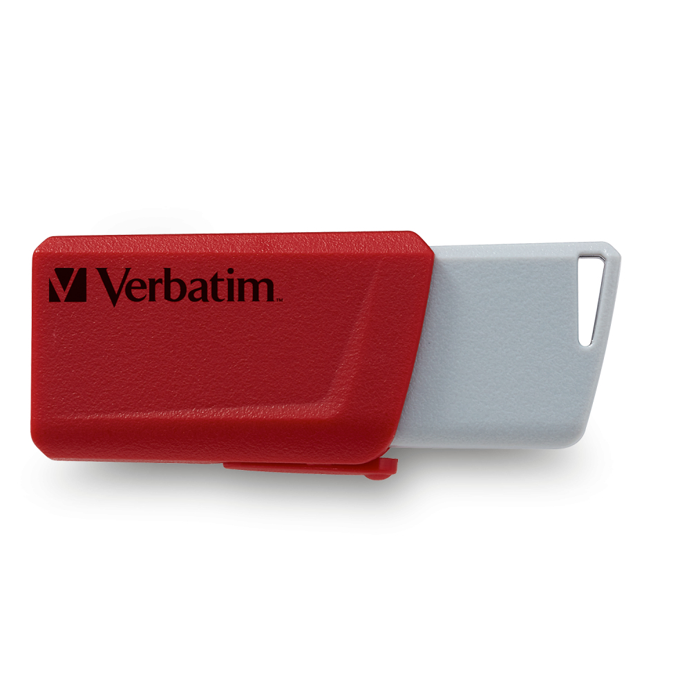 Roter und grauer Verbatim USB-Stick auf weißem Hintergrund.