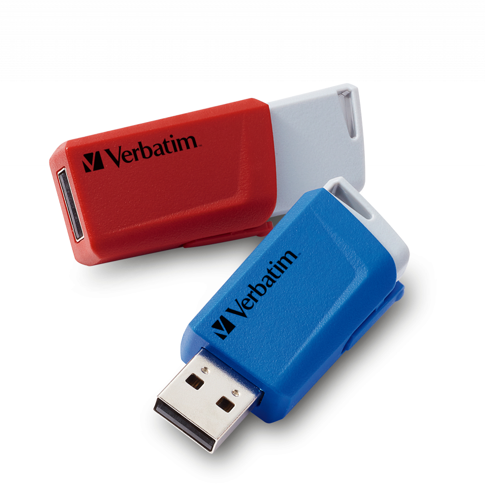 Zwei Verbatim USB-Flash-Laufwerke, eines rot, eines blau, auf weißem Untergrund.