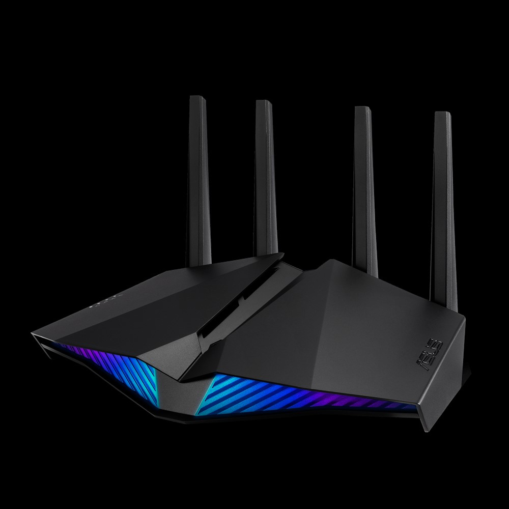 Ein schwarzer Router mit Antennen. Er hat blaue und violette Lichter.