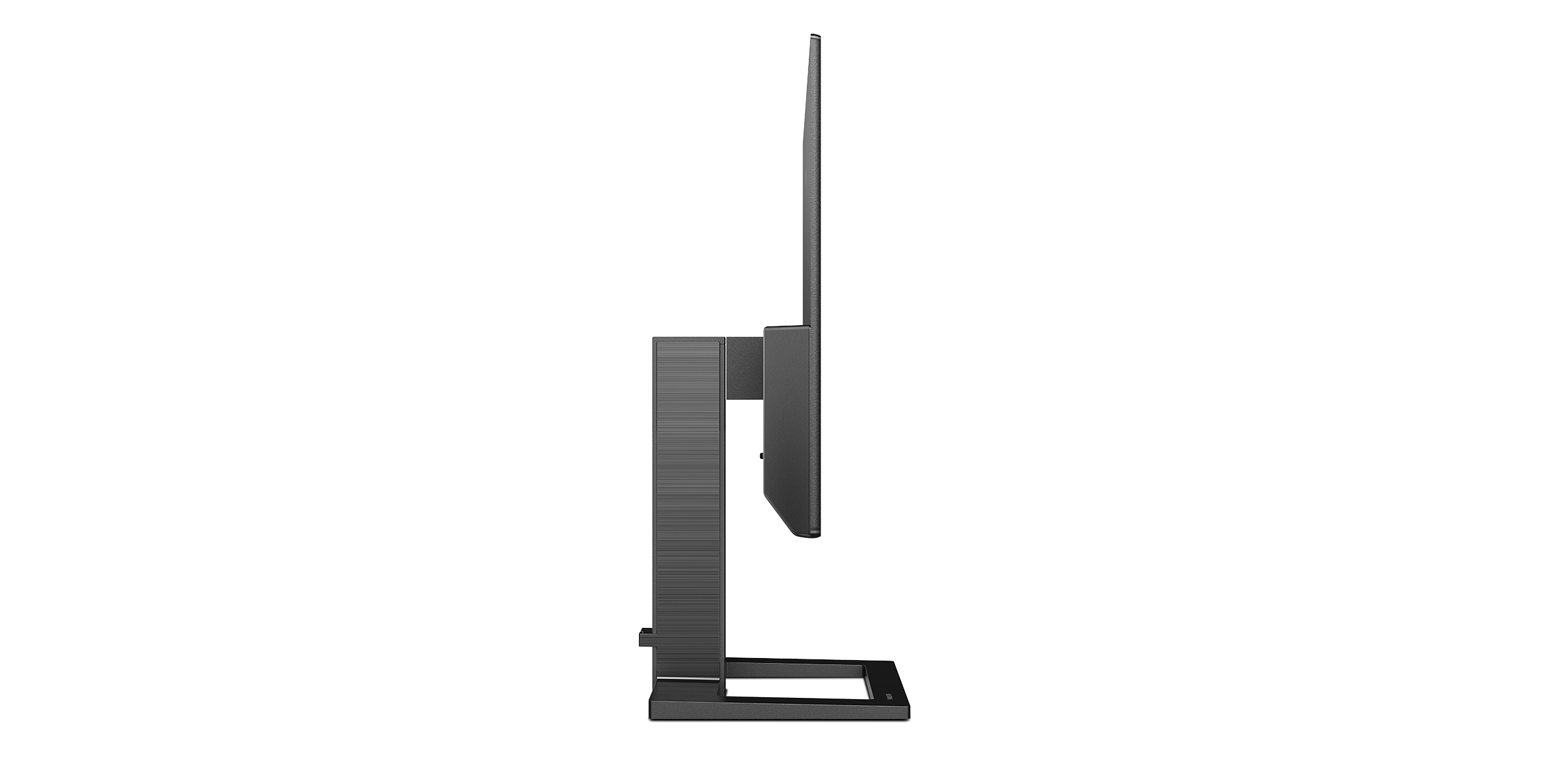Eine Seitenansicht eines schwarzen Monitors mit schwarzem Ständer und weißem Hintergrund.