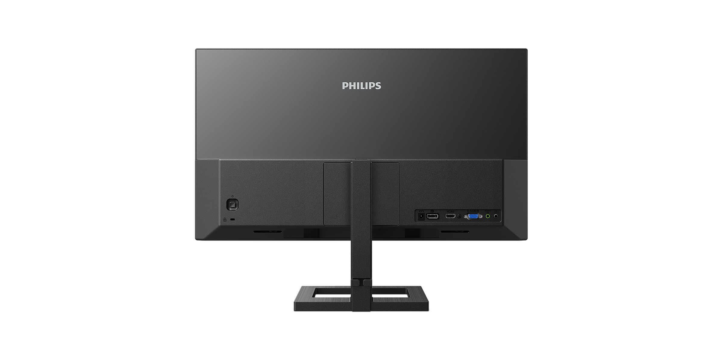 Rückansicht eines schwarzen Philips Computermonitors mit Anschlüssen auf weißem Hintergrund.