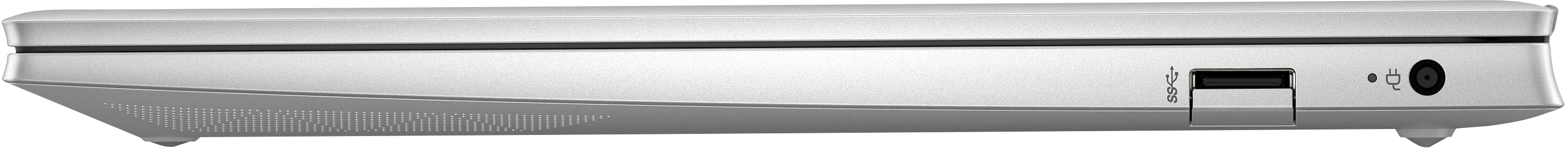 Seitenansicht eines silbernen Laptops mit Anschlüssen.