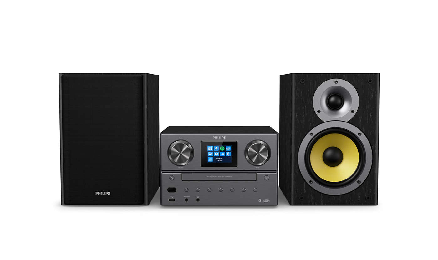 Philips Stereoanlage mit zwei Lautsprechern und einer Zentraleinheit.