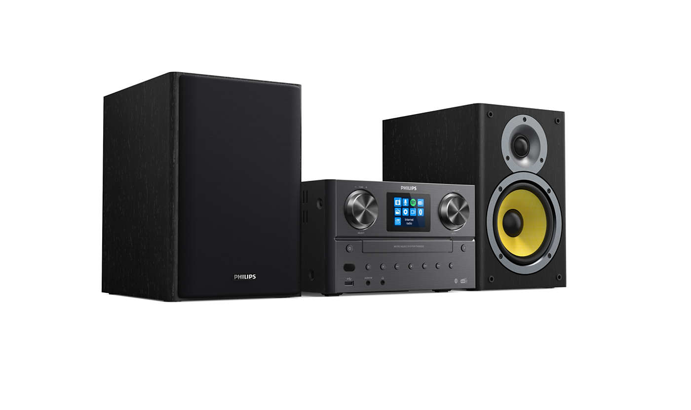Ein Philips Audiosystem mit Lautsprechern. Schwarze Farbe, die Lautsprecher haben gelbe Kreise.