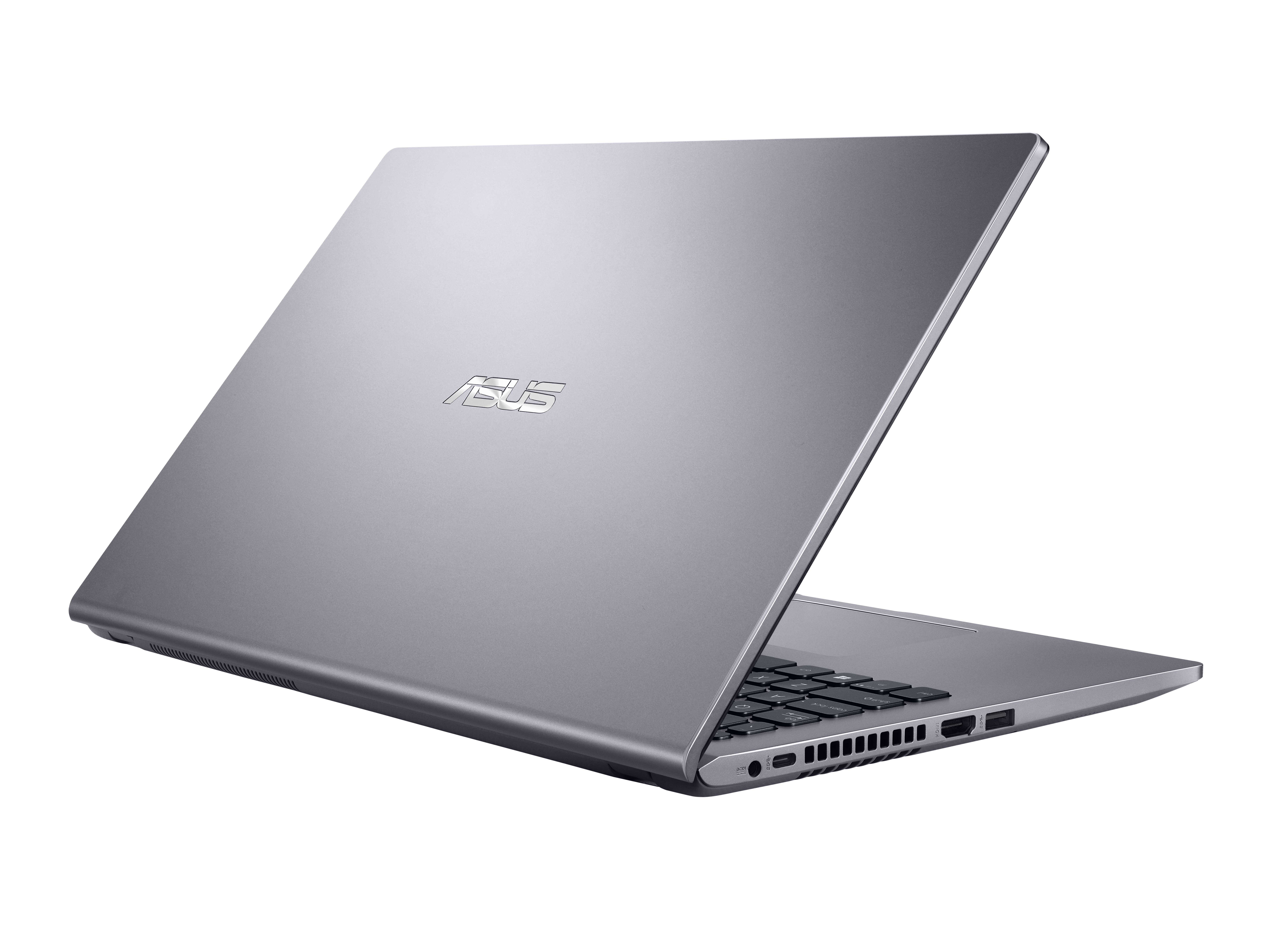 Ein elegantes, graues ASUS-Laptop von hinten rechts, das den metallischen Deckel und Anschlüsse zeigt.