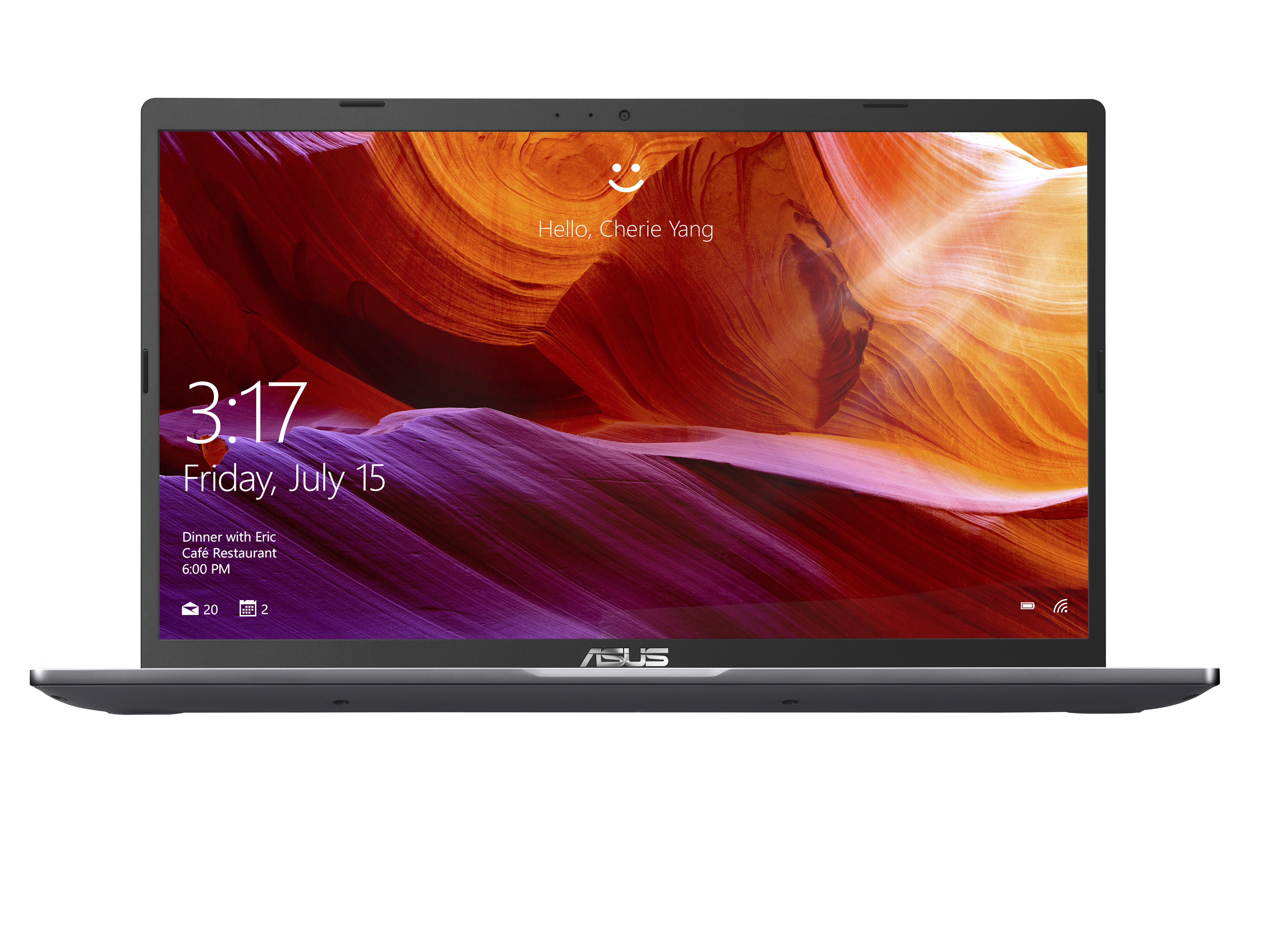 Ein offener ASUS Laptop zeigt den Sperrbildschirm mit einem farbenfrohen Canyons-Hintergrund.