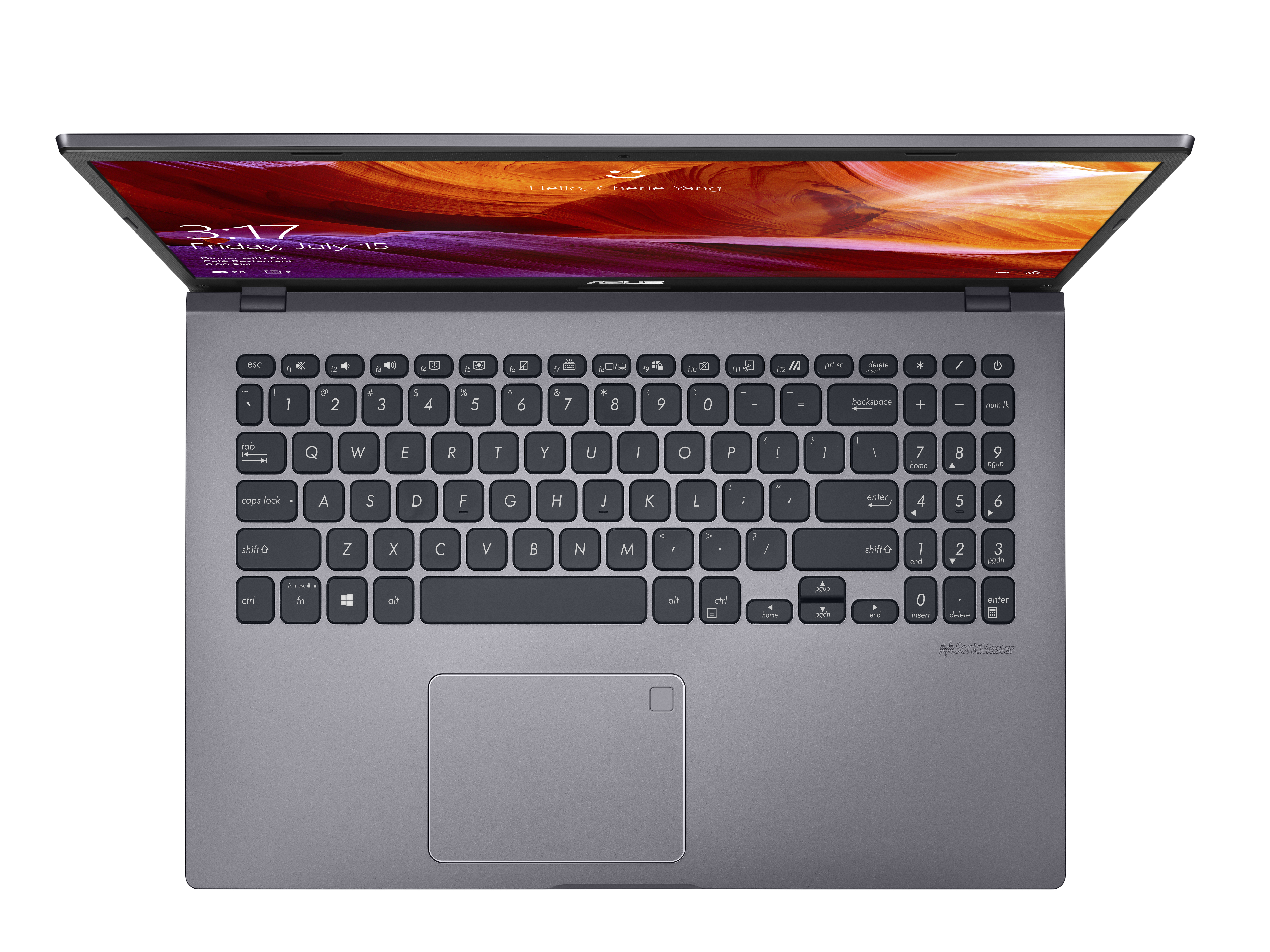 Grauer Laptop von oben gesehen, zeigt die Tastatur, das Touchpad und den Bildschirm mit hellem farbigem Hintergrund.
