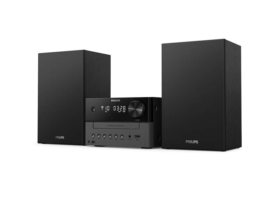 Ein Philips Audiosystem mit zwei schwarzen Lautsprechern und einer Zentraleinheit.