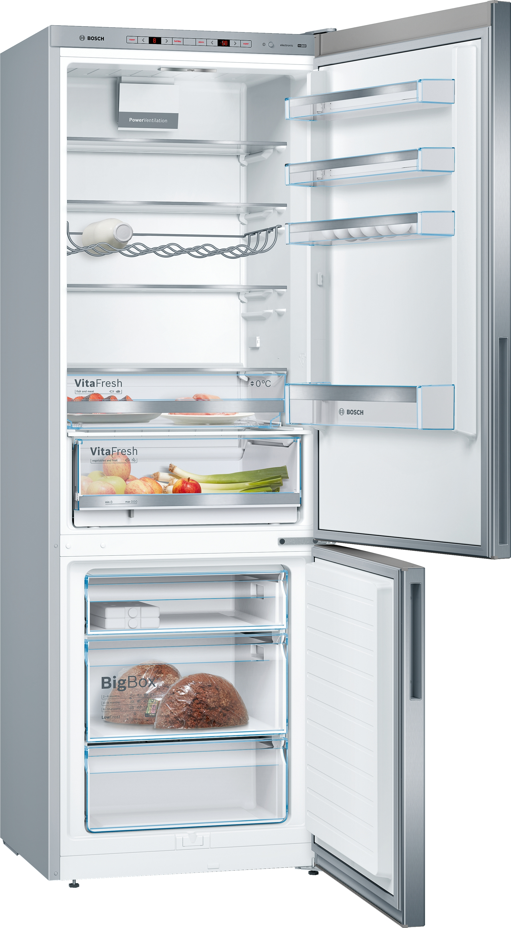 Open silver refrigerator with shelves and drawers filled with food items. Open doors.