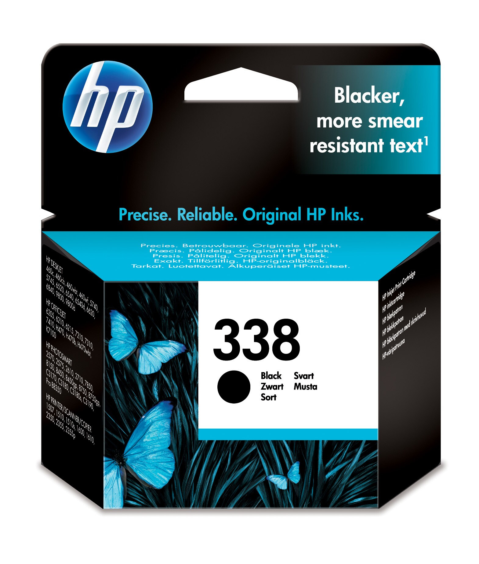 Eine schwarze HP-Tintenpatrone mit Schmetterlingen auf der Verpackung. Sagt '338' und 'Schwarz'.