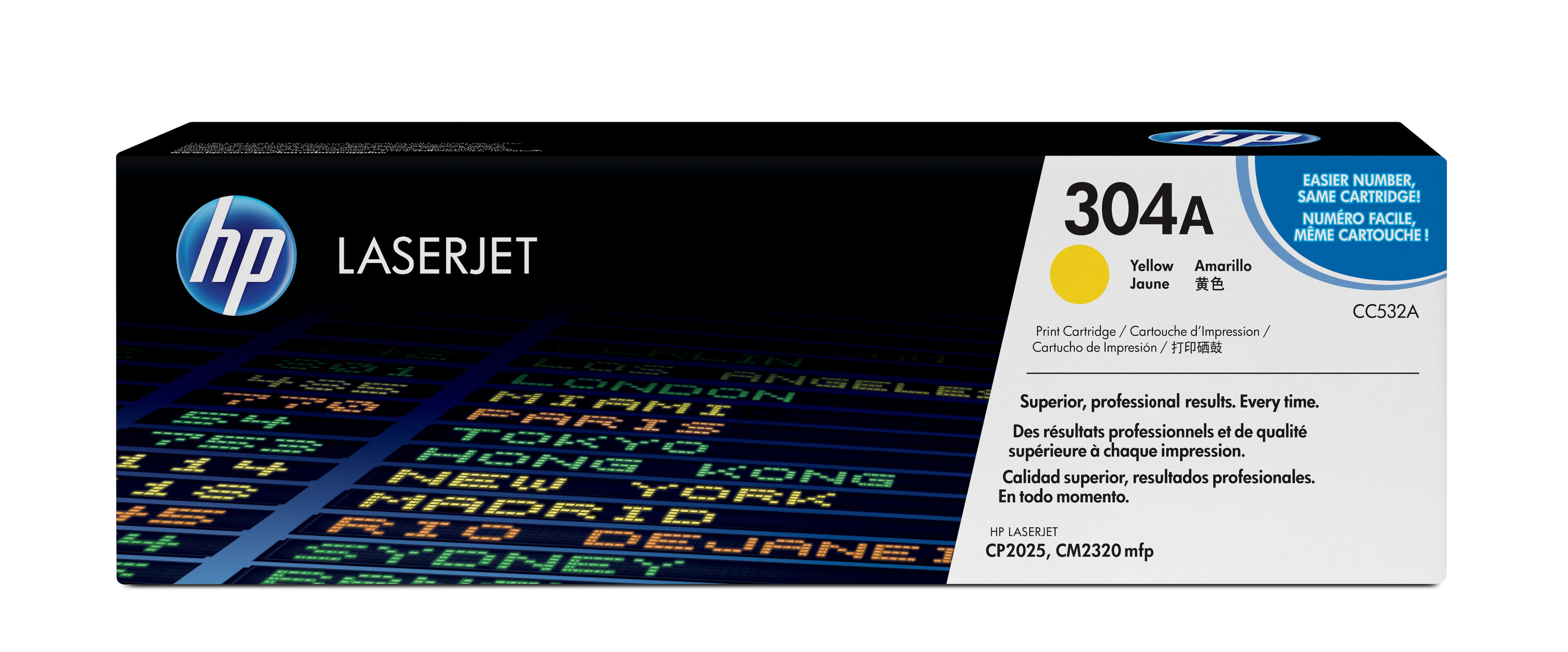 Gelbe HP LaserJet 304A Tonerkartuschenbox mit blauem Hintergrund.
