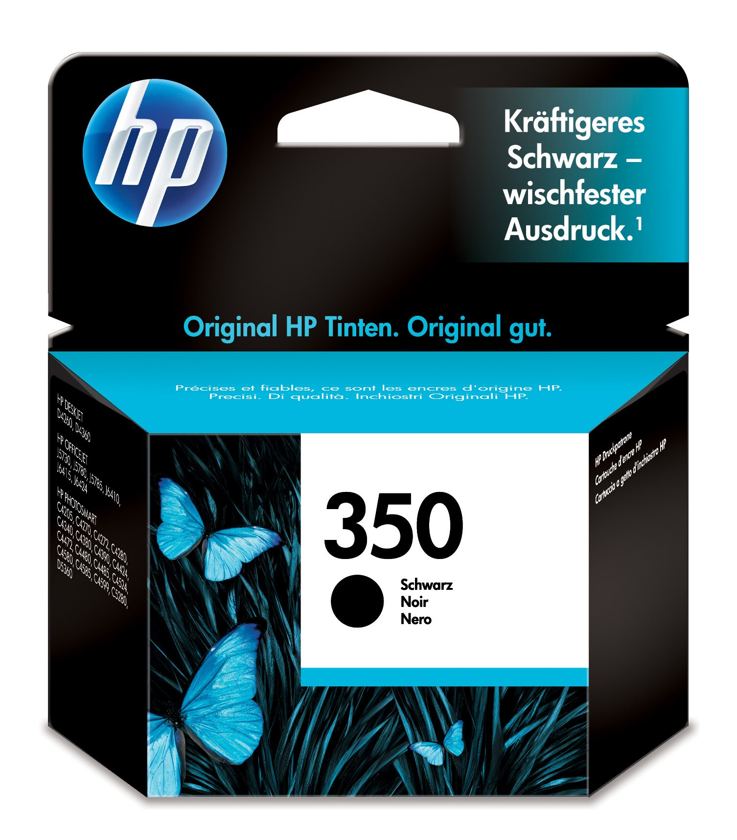 HP Tintenpatronenbox mit schwarzer Tintenpatrone, Schmetterlingen und dunklem Gras.