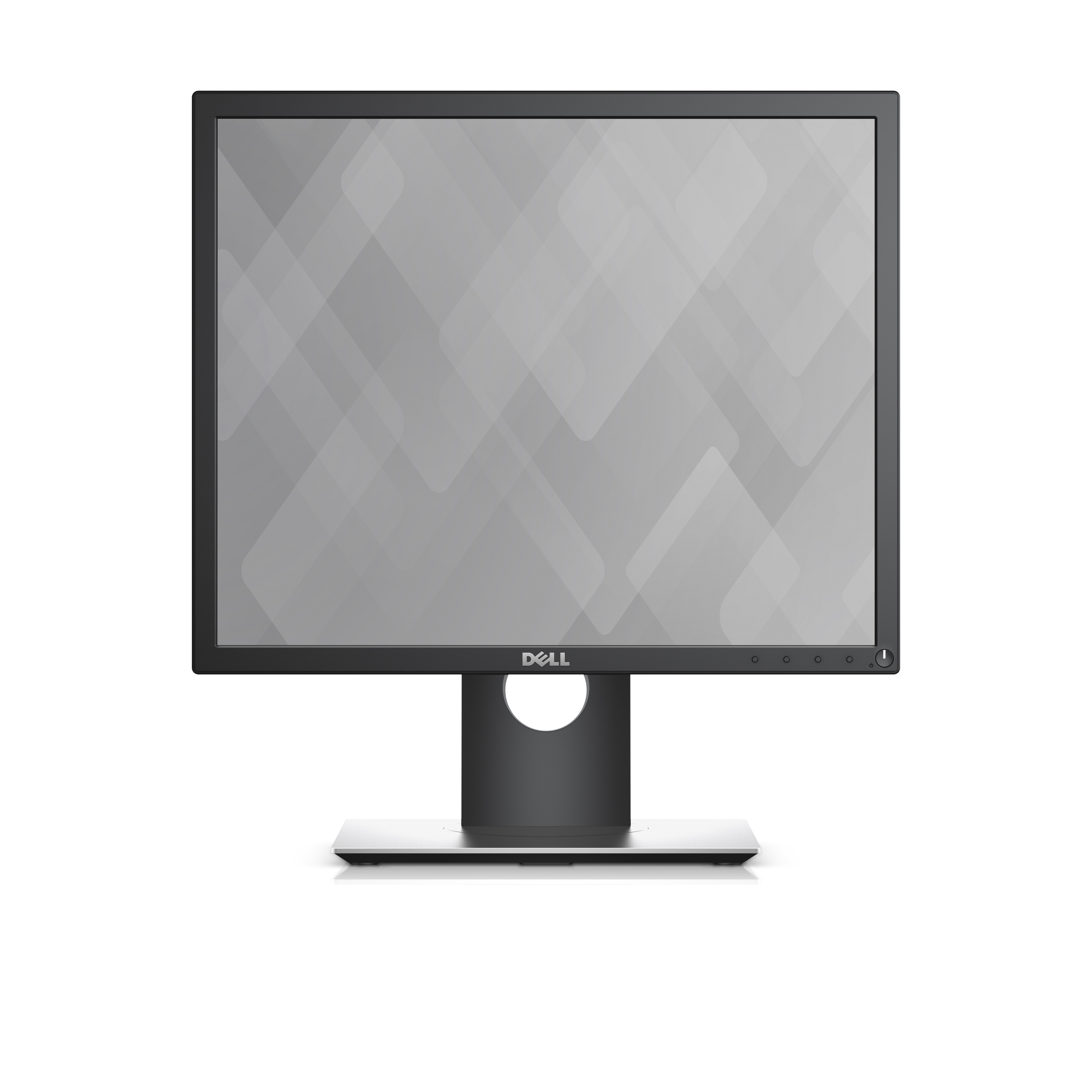 Ein Dell-Computermonitor auf weißem Hintergrund. Der Bildschirm zeigt ein graues geometrisches Muster. Der Ständer ist schwarz.