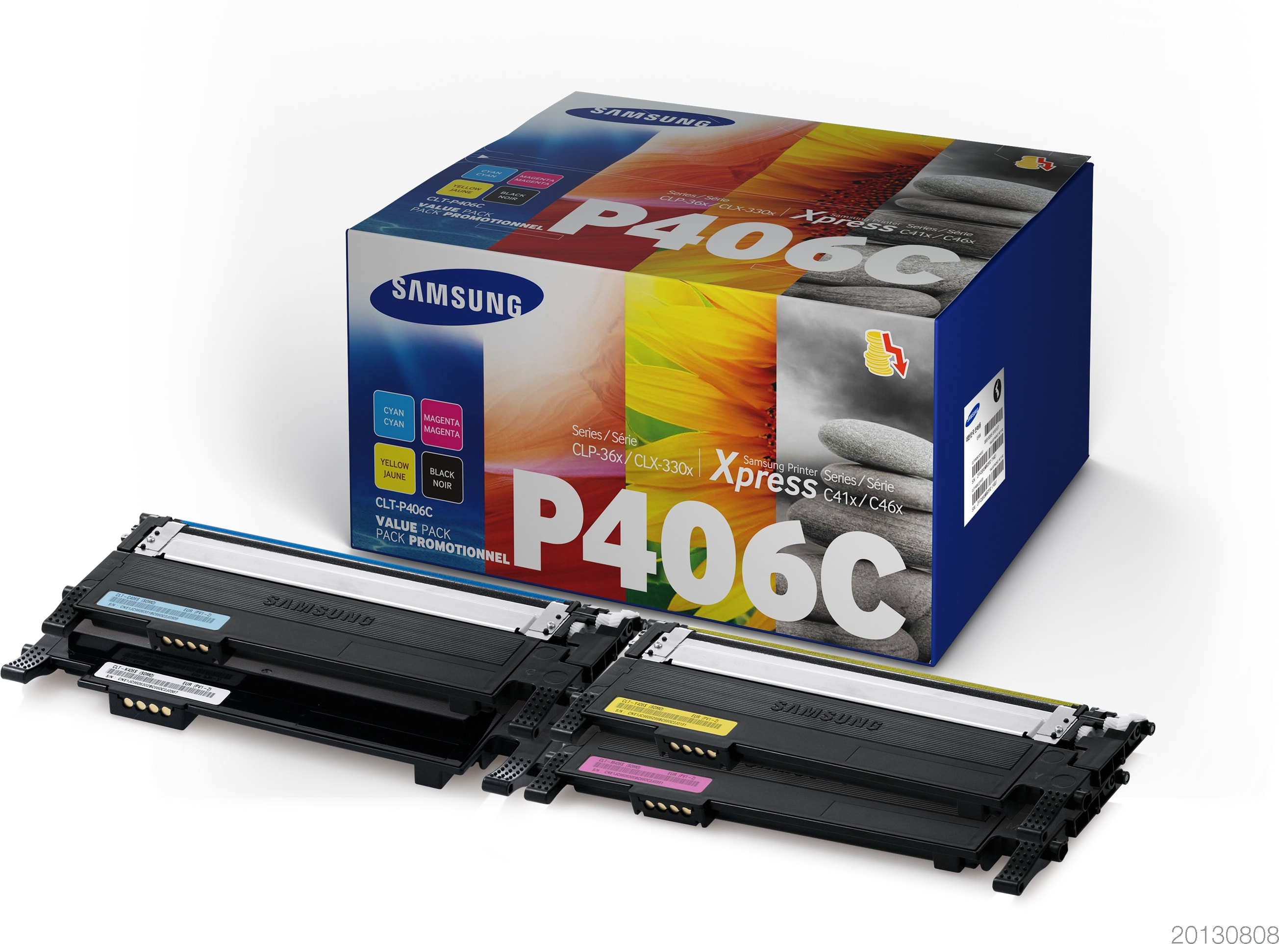Samsung Tonerpatronenbox mit vier Patronen, CMYK-Farben und weißem Hintergrund.