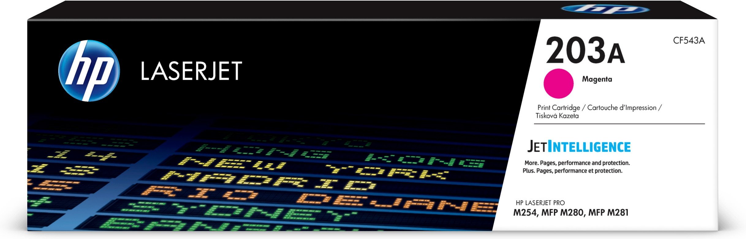 Magentarote Druckerpatronenbox mit Text, HP-Logo und JetIntelligence-Logo.