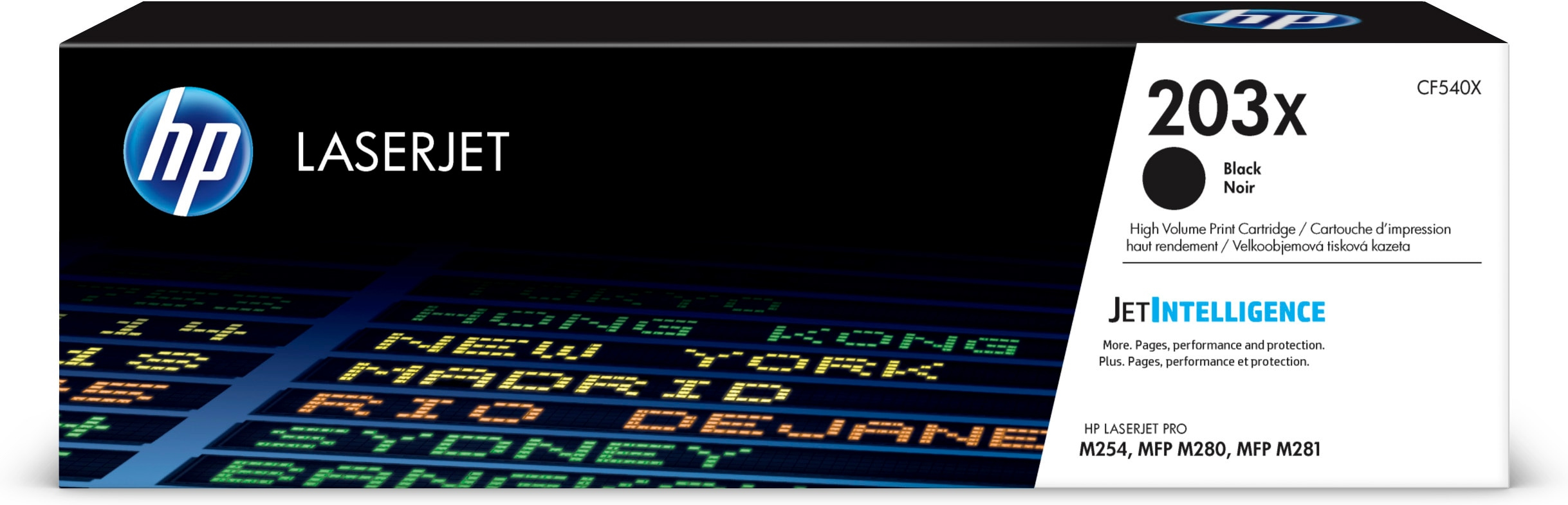Schwarz-weiße HP LaserJet-Druckerpatronenbox. Sie hat das HP-Logo und Produktinformationen.