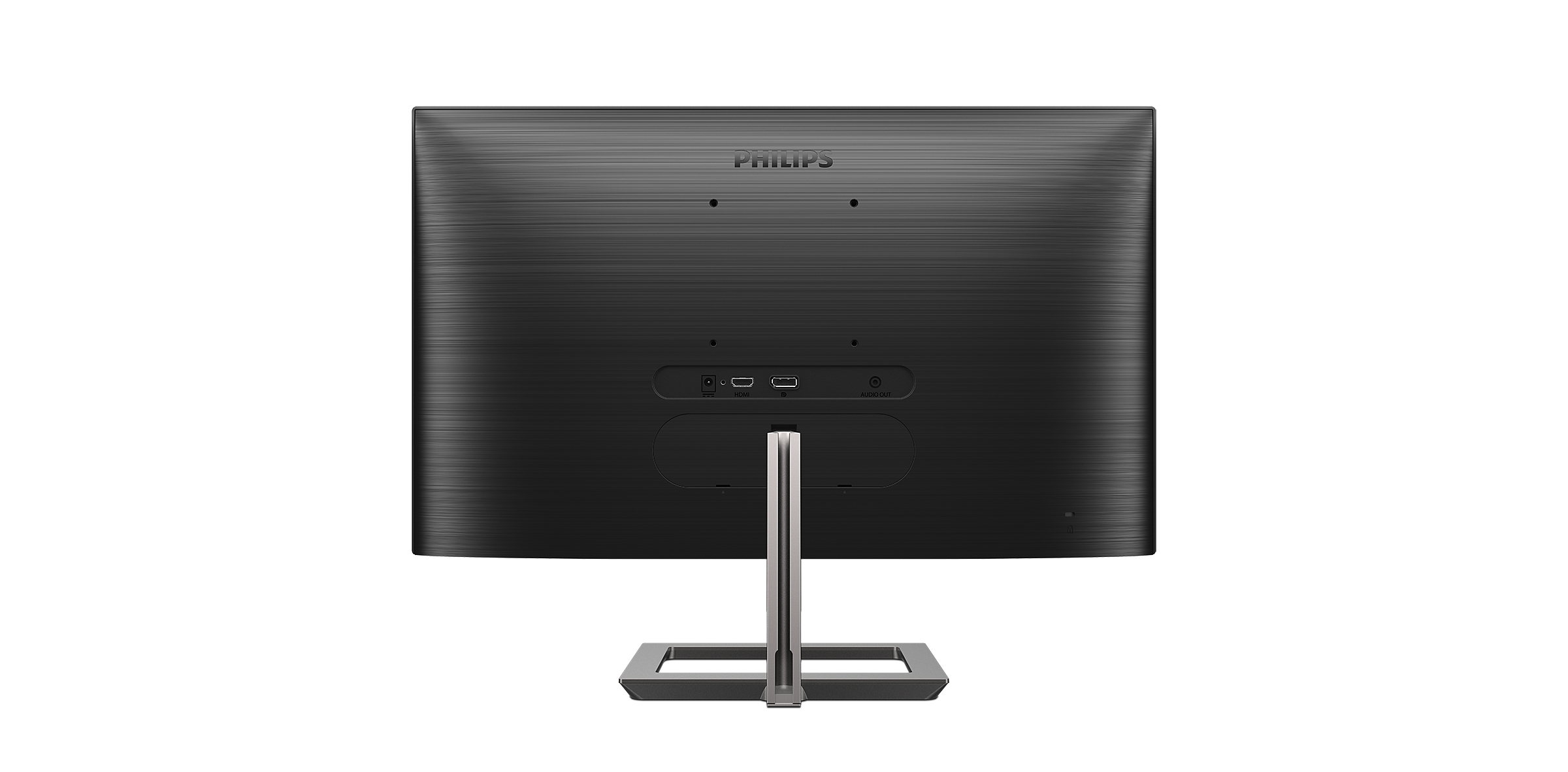 Die Rückseite eines Monitors mit Anschlüssen, einem silbernen Ständer und einem Philips-Logo.