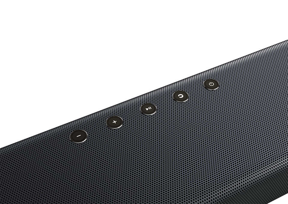 Nahaufnahme einer schwarzen Soundbar mit Tasten für Lautstärke, Wiedergabe/Pause und Strom.