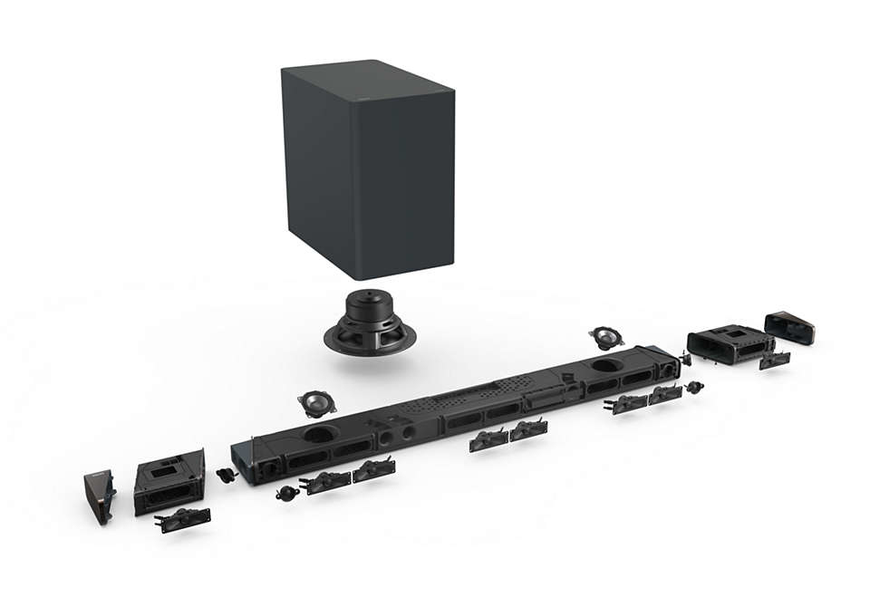 Soundbar-Komponenten: Lautsprecher, Subwoofer und verschiedene schwarze Teile, Explosionsansicht.