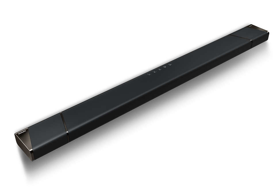 Schwarze Soundbar, lang und rechteckig, auf weißer Oberfläche.
