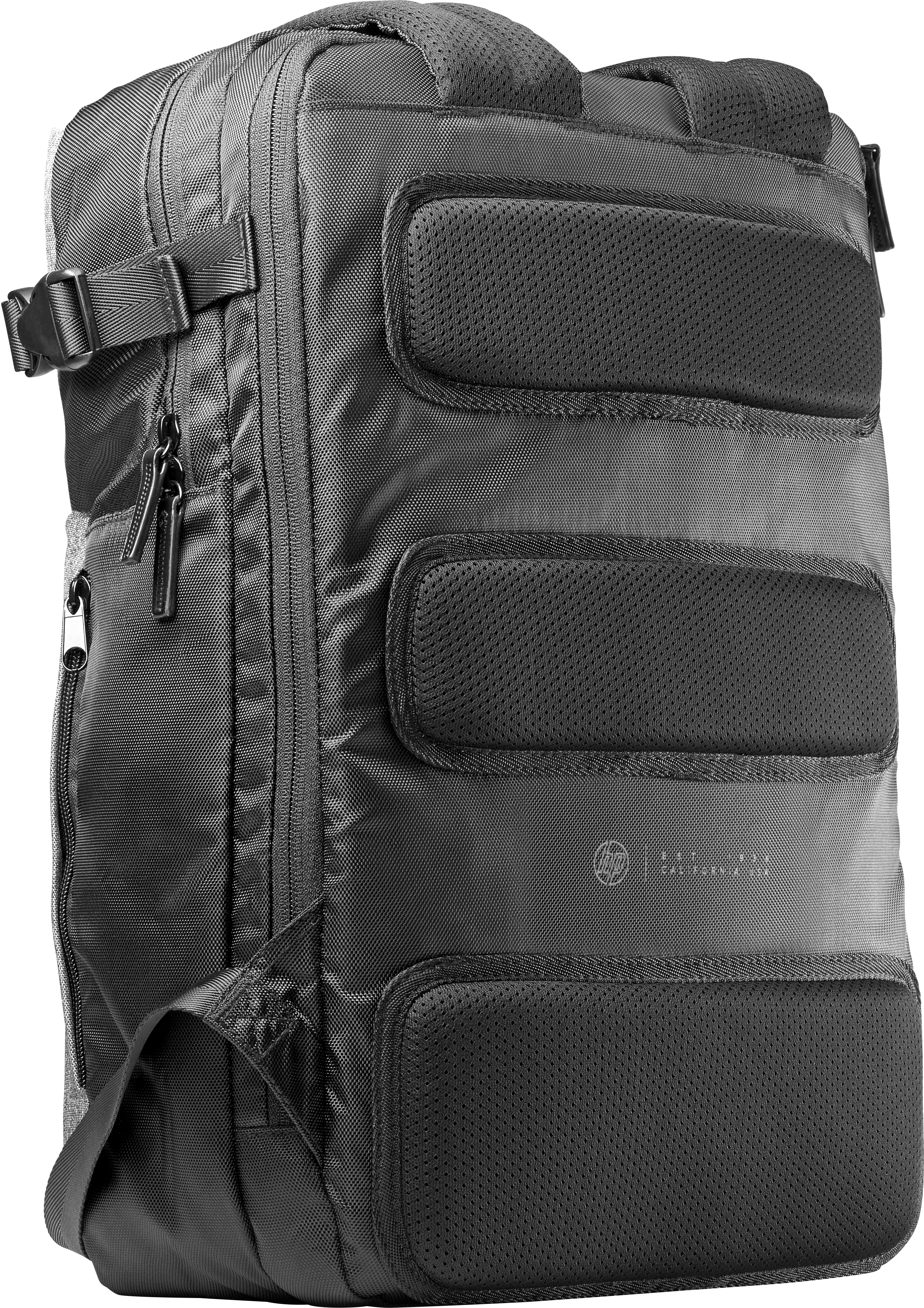 Eine Nahaufnahme eines grauen Rucksacks mit schwarzen Akzenten.