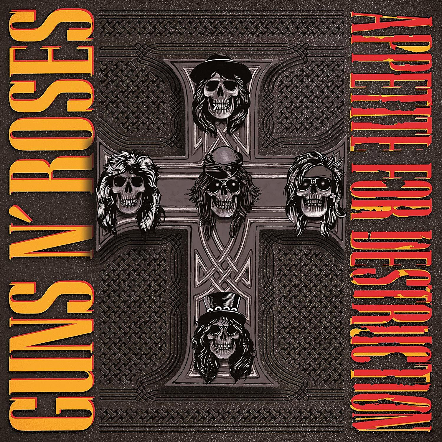 Album borító koponyákkal egy kereszten. A "Guns N' Roses" cím balra, a "Appetite for Destruction" jobbra.