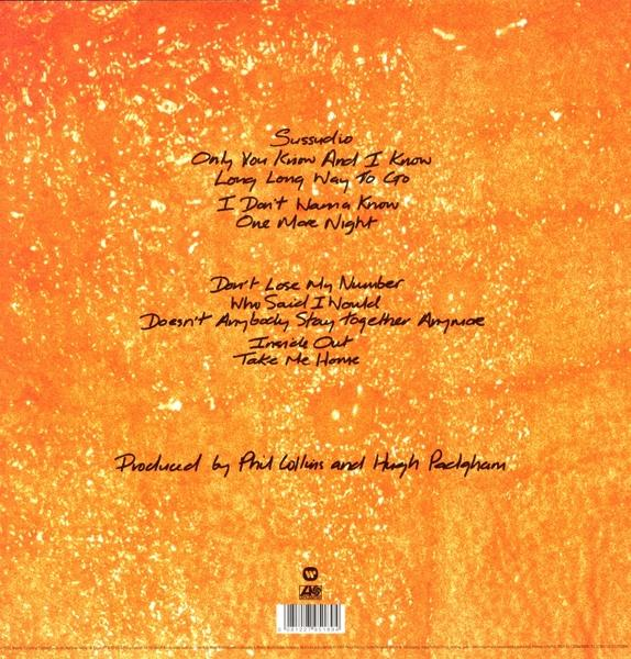 Albumcover mit orangefarbenem Hintergrund und Phil Collins Titelliste.