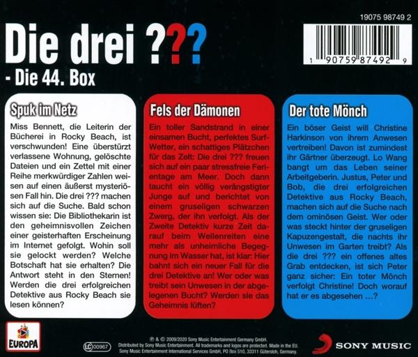 Drei Fragezeichen Buchcover in Rot, Blau und Gelb.