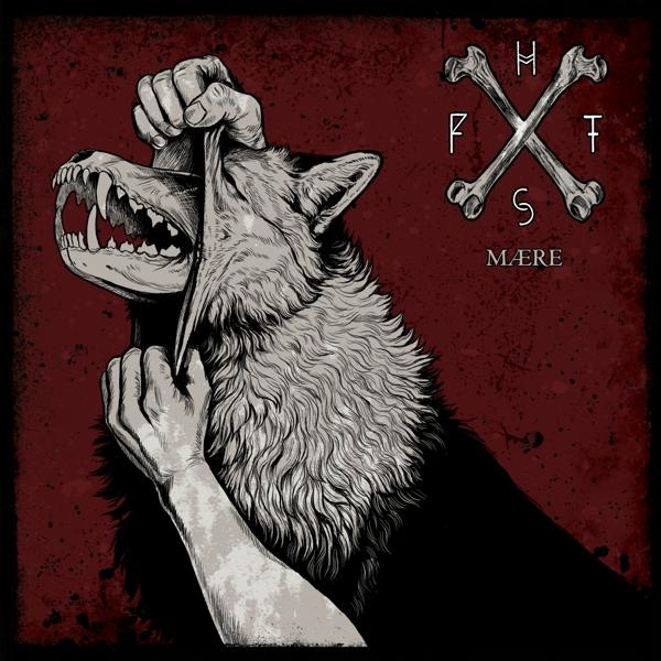 Eine Hand reißt einem Wolf das Gesicht auf, Zähne sichtbar. Roter Hintergrund mit Knochen und Text.
