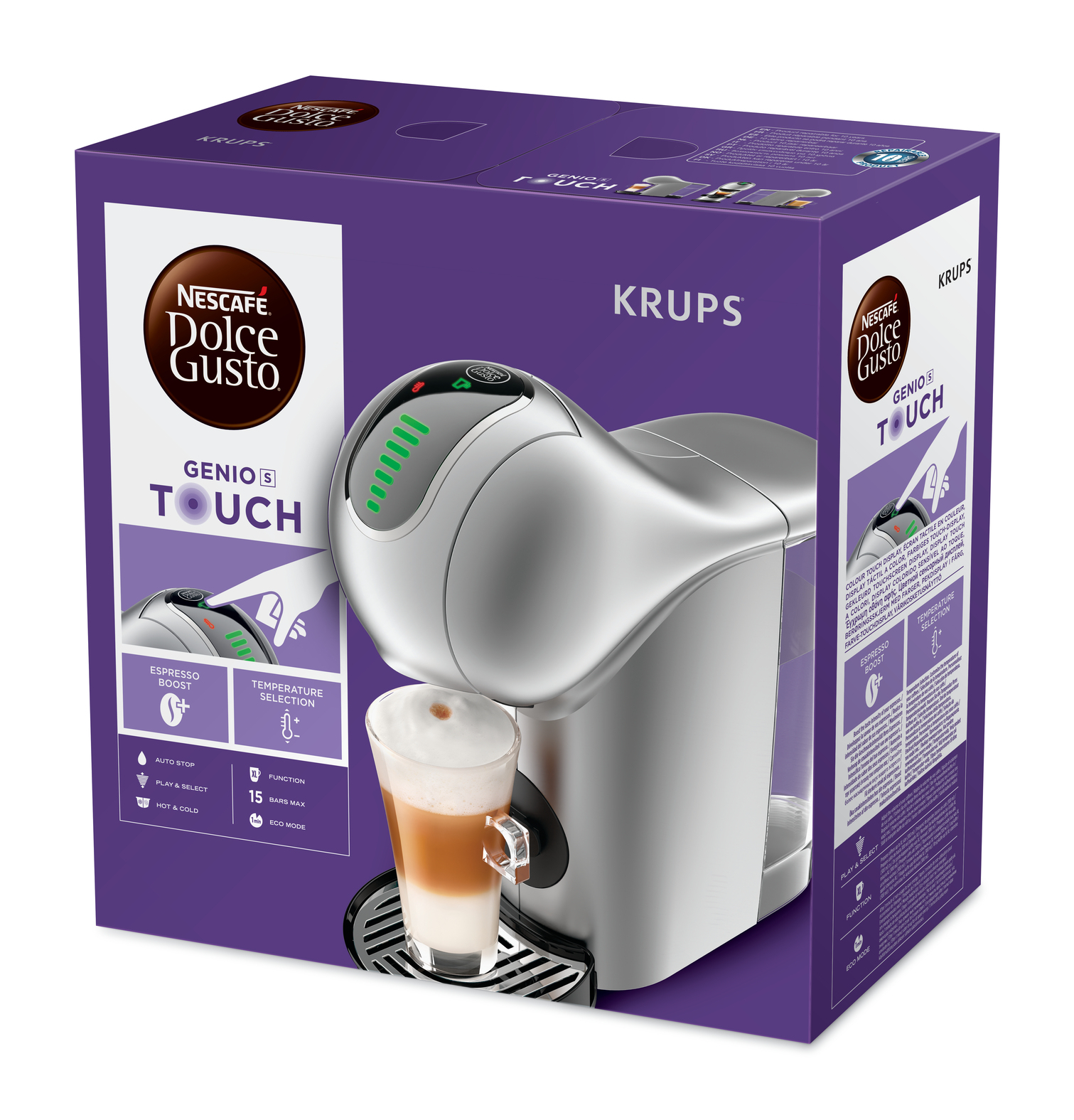 Cafetera Krups Dolce Gusto plateada y morada. Un vaso de latte está delante de la máquina.